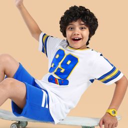 Ollington St. 100% Cotton Knit Half Sleeves T-Shirt & Shorts Set With Number Print - White & Blue-image-59