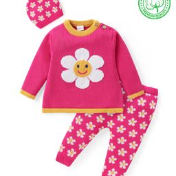 Babyhug Knitted Full Sleeves Pullover Floral Designed Sweater Set with Cap- Dark Pink-image-23