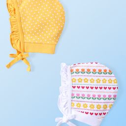 Babyhug 100% Cotton Interlock Knit Polka Dots Print Caps Pack of 2 - Yellow & White-image-71