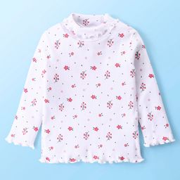 Babyhug Cotton Knit Full Sleeves Top With Skivi Neck & Floral Print - White-image-51