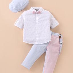 ToffyHouse 100% Cotton Woven Full Sleeves Hot Air Balloon Printed Shirt & Trouser Set with Hat Bow & Suspender - White Pink & Blue-image-56