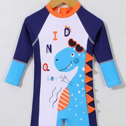 Babyhug Full Sleeves Legged Swimsuit withDino Print & Applique- Navy Blue-image-5