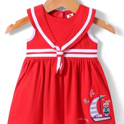 ToffyHouse Sleeveless Sailor Neck Frock With Boat & Teddy Bear Embroidery - Red-image-84
