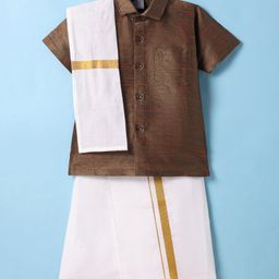 Dapper Dudes Cotton Silk Half Sleeves Solid Shirt & Mundu With Angavastram Set - Brown-image-34
