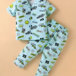 Smarty Boys Sinker Knit Half Sleeves Night Suit with Racing Theme Print - Aqua Blue-image-77