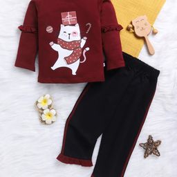 TOONYPORT Cotton Blend Full Sleeves Rabbit Printed Frill Detailed Tee & Pant Set - Maroon-image-55