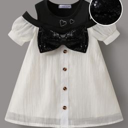 Mark & Mia Cold Shoulder Sleeves Frock With Bow Applique - White-image-65