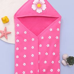 Babyhug Terry Knit Hooded Wrapper With Floral Print L 73 x B 73 cm - Pink-image-72