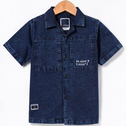 Ruff Denim Woven Half Sleeves Washed Shirt With Number Print - Navy Blue-image-37