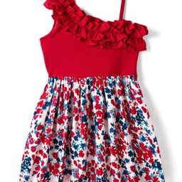 CrayonFlakes Cotton One Shoulder Floral Printed Ruffle Detailed Dress - Red-image-97