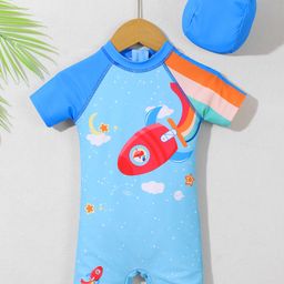 Babyhug Half Raglan Sleeves Legged Swimsuit With Rocket Print & Cap - Light Blue-image-78