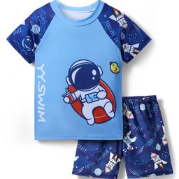 Bosky Half Raglan Sleeves Two Piece Swimming Suit with Astronaut Theme Print - Blue-image-87