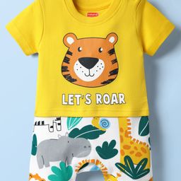 Babyhug 100% Cotton Interlock Knit Half Sleeves Romper with Animal Print - Yellow-picture-16