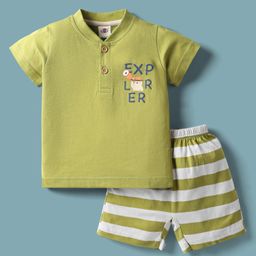 Zero Sinker Knit Half Sleeves Henley Neck T-Shirt & Striped Shorts Set With Teddy Bear Print - Lime Green-picture-32