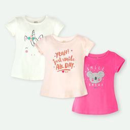 Ariel Cotton Knit Pack Of 3 Half Sleeves Unicorn & Typography Printed Tops - Cream Pink & Orange-image-28