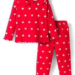 Babyhug Cotton Knit Full Sleeves Peter Pan Collar Co-ords Night Suit With Polka Dots Print - Red-picture-21