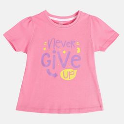 MINI KLUB Cotton Knit Half Puffed Sleeves Never Give Up Text Printed Top - Pink-picture-5