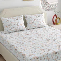 Dreamscape White & Brown Floral 250 TC King Bedsheet with 2 Pillow Covers-picture-39