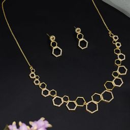 PRIVIU Gold-Plated Geometric Shaped American Diamond Studded Jewellery Set-picture-36