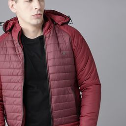 Roadster Men Burgundy & Maroon Colourblocked Padded Jacket with Detachable Hood-image-36
