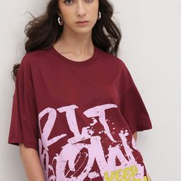 The Roadster Life Co. Women Typography Printed Drop-Shoulder Sleeves Oversized T-shirt-picture-30