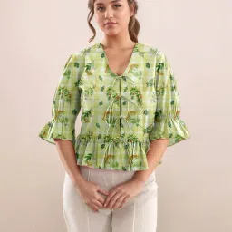 Zink London Green Straight Fit Floral Print Top-image-97