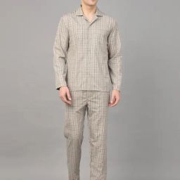 English Navy Khaki Cotton Relaxed Fit Checkered Night Suit-image-62