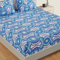 SWAYAM Blue & Off-White Abstract Flat 160 TC Cotton Double Bedsheet with Pillow Covers-53
