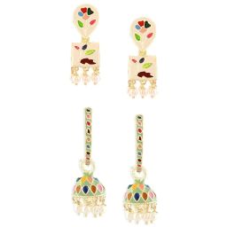 Zaveri Pearls Set of 2 Multicolor Enamel Beads & Kundan Traditional Jhumki Earring-ZPFK16858 image 4