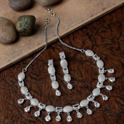 Zeneme Rhodium Plated AD Studded Necklace and Earrings Set-image-34