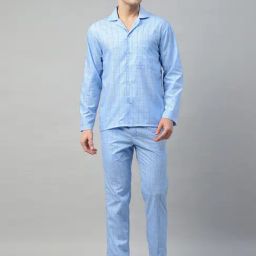 English Navy Blue Cotton Relaxed Fit Checkered Night Suit-image-74