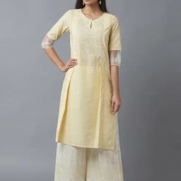 W Yellow Cotton Printed Straight Kurta-image-7