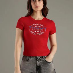 Tommy Hilfiger Red Cotton Slim Fit Logo Printed T-Shirt-picture-3
