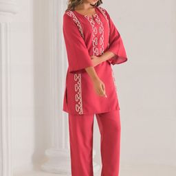 AUTUMN LANE Embrodiered Round Neck Kurta With Trousers Co-Ords Set-image-73