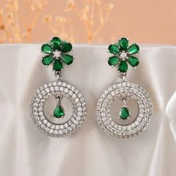 Voylla Silver Sparkling Opulance Radiant Floral American Diamond Drop Earrings-picture-20