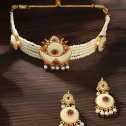 Zaveri Pearls Tone Gold Dazzling Austrian Diamonds & Beads Choker Necklace & Earring Set for Women-image-21