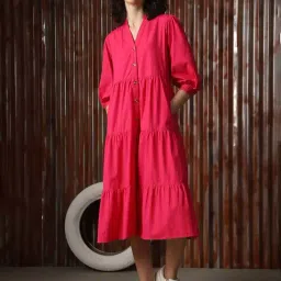 High Star Pink Cotton Relaxed Fit Midi Dress-image-59