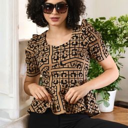 IUGA Geometric Colourblocked Sweetheart Neck Puff Sleeve Top-image-96