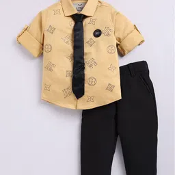 LITTLE COLLARS Boys Geometric Printed Roll Up Sleeves Casual Shirt With Trousers & Tie-image-57
