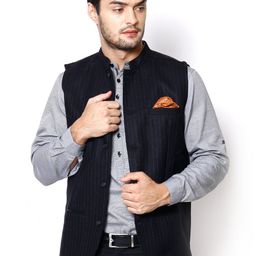 even Black Woollen Slim Fit Nehru Jacket-31