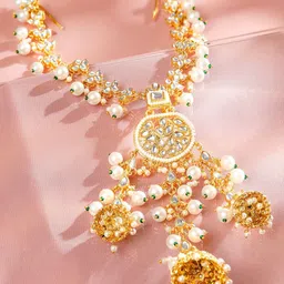 Rubans 22K Gold Plated Kundan & Pearl Beaded Hair Accessory with Jhumka Detail-image-7