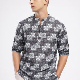 Anouk Rustic Band Collar Ethnic Motifs Printed Roll-Up Sleeves Kurta image 3