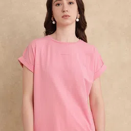 RAREISM Women Solid Round Neck Cotton Relaxed Fit T-shirt-picture-2