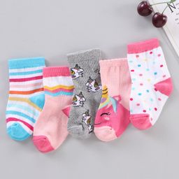 Cutewalk by Babyhug Ankle Length Anti-bacterial Cotton Knit Blend Socks Unicorn Print and Striped Pack of 5 - Multicolour-image-18