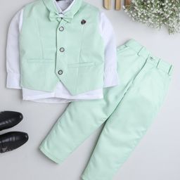 Fourfolds Full Sleeves Solid Shirt With Front Pocket Waistcoat & Coordinating Pant - Green-image-35