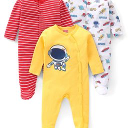 Babyhug Interlock Cotton Knit Full Sleeves Footed Sleep Suit Stripes & Space Print Pack of 3 - Red Yellow & White-image-54