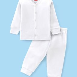 Babyhug Full Sleeves Solid Thermal Vest & Pant Set - Off White-image-6