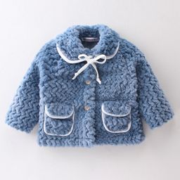 Kookie Kids Full Sleeves Jacket With Bow Design & Pockets - Blue-picture-11