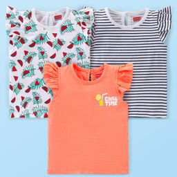 Babyhug 100% Cotton Knit Half Sleeves Tee With Watermelon Graphics & Frill Detailing Pack Of 3- Multicolour-34