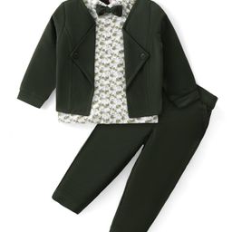Babyhug Printed Shirt With Full Sleeves Attached Knitted Blazer & Trouser - Olive-image-48